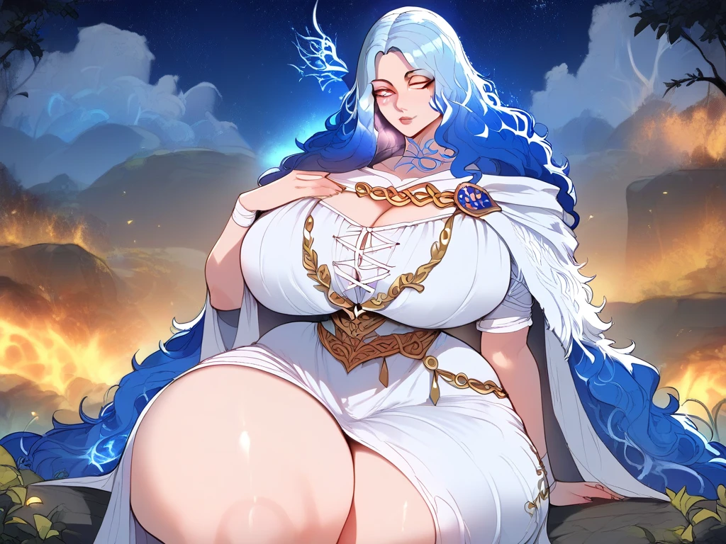 Ranni from Elden Ring  , massive boobs  ,  massive hips , massive thighs  ,  sitting on a rock in a meadow on a dark night with a little fog,blue colored hair ,  dressed in a white dress that highlights her voluptuous and beautiful figure ,  besides that dress reveals her enormous breasts , light blue skin ,  dark night full moon  