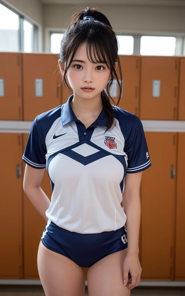 （8k、live-action、High definition photos:1.2、Best Quality:1.2、masterpiece:1.2),1girl,(noon、locker room,Front lighting:1.2),((Perfect lighting)),(濡れたhair),Watching the audience,(huge-breasted、heavy breasts、G-cup:1.3),Put your hands behind your back, ponytail, Blush ,Parted Lips,symmetrical eyes,18 years old,student,White skin,Thighs,knees,Small Face,前hairを真ん中から分けます、The forehead is visible,skinny,skinny)、masterpiece,Best Quality、超A high resolution,One person, solo,cute、Back to Students,( open chest volleyball uniform:1.3),High school girl,Japanese women,（フォトReal：1.37）、Photon Mapping,Realistic、cuteSmall Face,shining black hair,Brown eyes、prospect、Depth of written boundary、Blurred Background、Real,(前hairが見える), hair, (Nogizaka Idol:1.2), actress、Super fine、Beautiful Skin、(Skin with visible pores:1.2)、(Focus on the face)、Natural neck、Check and correct the skeleton