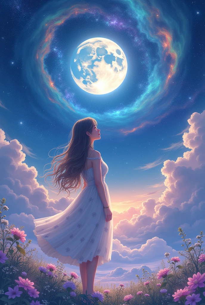  Attractive girl in a white floral dress, Moonlight shines off her figure, Her long, flowing curls sparkle in the moonlight, Twinkling Star々and a stunning universe、Swirling Galaxy, The sea of clouds glows brightly in rainbow colors and perfectly frames the stunning cosmic background with 、 anime art style 、 high image quality、masterpiece、