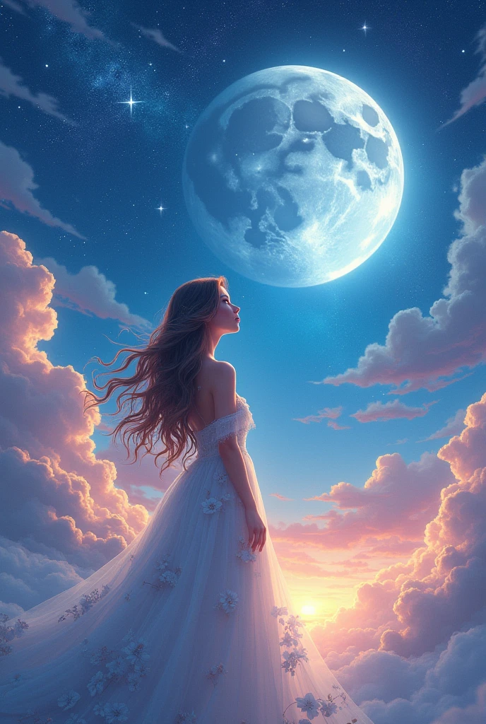  Attractive girl in a white floral dress, Moonlight shines off her figure, Her long, flowing curls sparkle in the moonlight, Twinkling Star々and a stunning universe、Swirling Galaxy, The sea of clouds glows brightly in rainbow colors and perfectly frames the stunning cosmic background with 、 anime art style 、 high image quality、masterpiece、