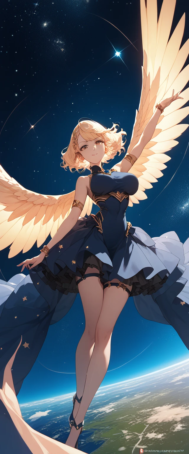 female,  beautiful,  super detailed , , Space and Stars , Wings on the back,  High Contrast ,  ray tracing,  movie lighting, ( from the front:0.6)ドラゴンのfemale神, big breasts