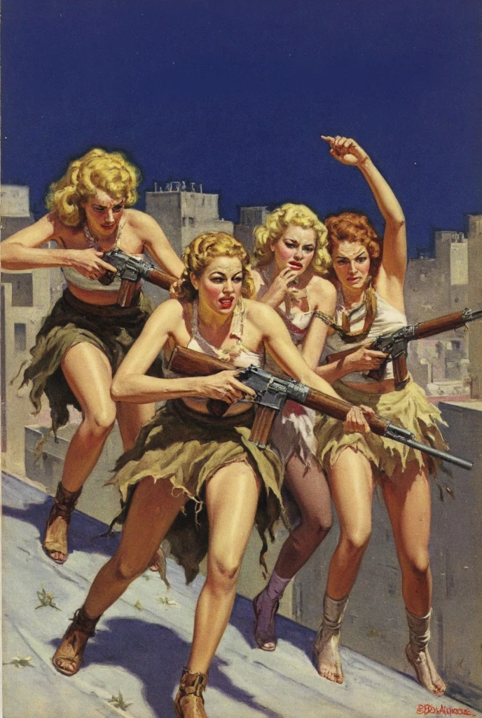 "A group of determined women armed with rifles, wearing tattered sarongs and skirts, depicted in a wartime Golden Age comic style. The scene captures their bold and fearless demeanor as they climb across a rooftop in an urban setting. The artwork is inspired by the dramatic, high-contrast illustrations of Milton Caniff, blending a noir detective vibe with the grit and suspense of wartime pulp storytelling." blonde model  pulp oil painting flappers