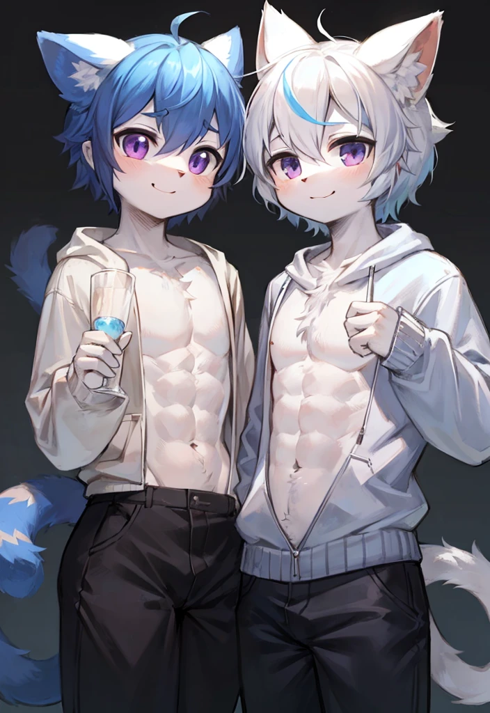 Detailed design of male anime character.  many angles.  detail.  Young man, blue hair, white skin, strong muscles, wolf ears