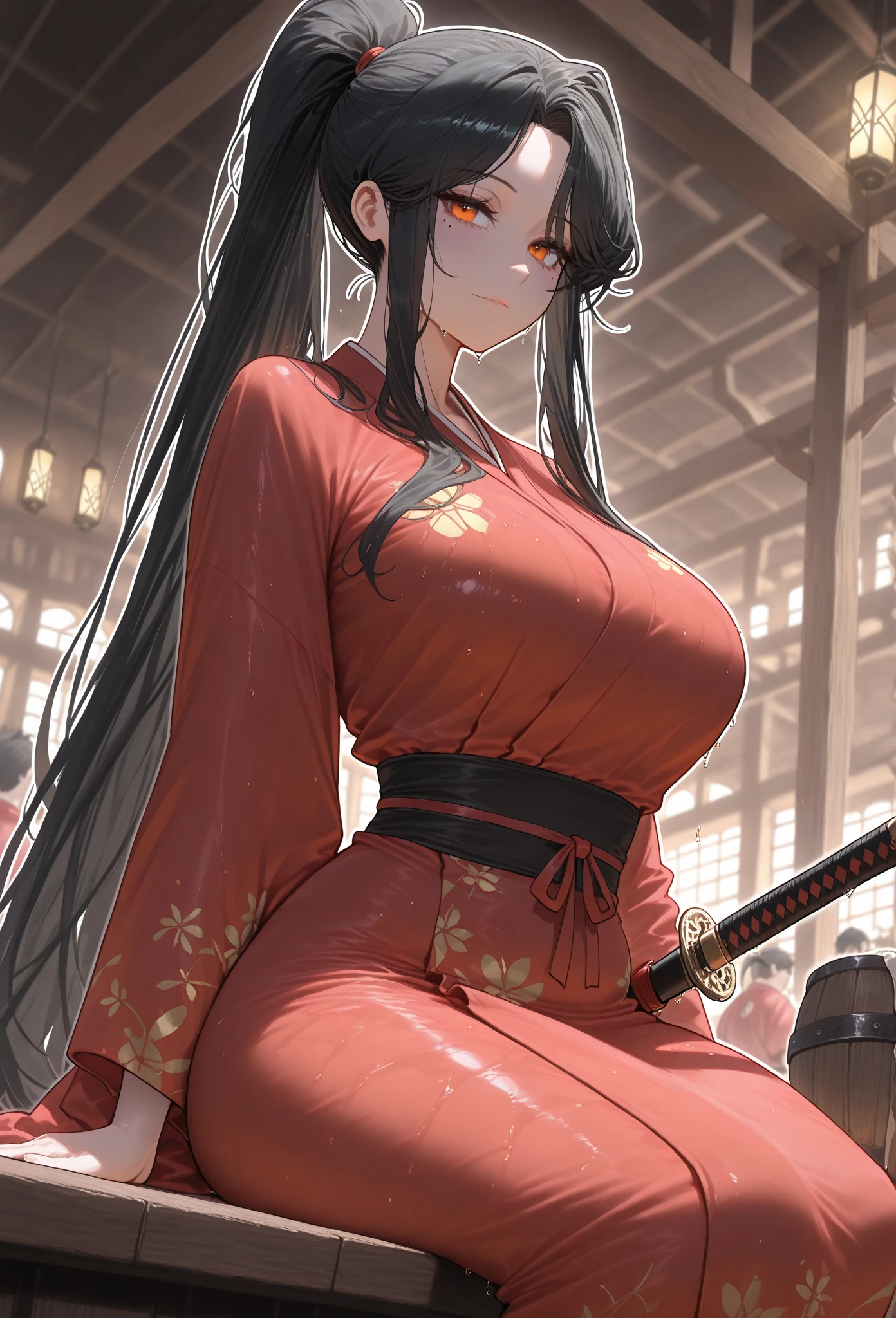 (masterpiece, high resolution, 2k resolution, best quality), (1girl, perfect anatomy, perfect face),
((black hair), long hair, ponytail), (orange eyes, perfect eyes),
red oriental kimono), Narrow shoulders,
((sitting, Tavern),
(expressionless, light smile, mole under eye),
(solo, 1girl), huge body, medium chest, mature woman, (white outline, 6px outline width),
Soaked katana