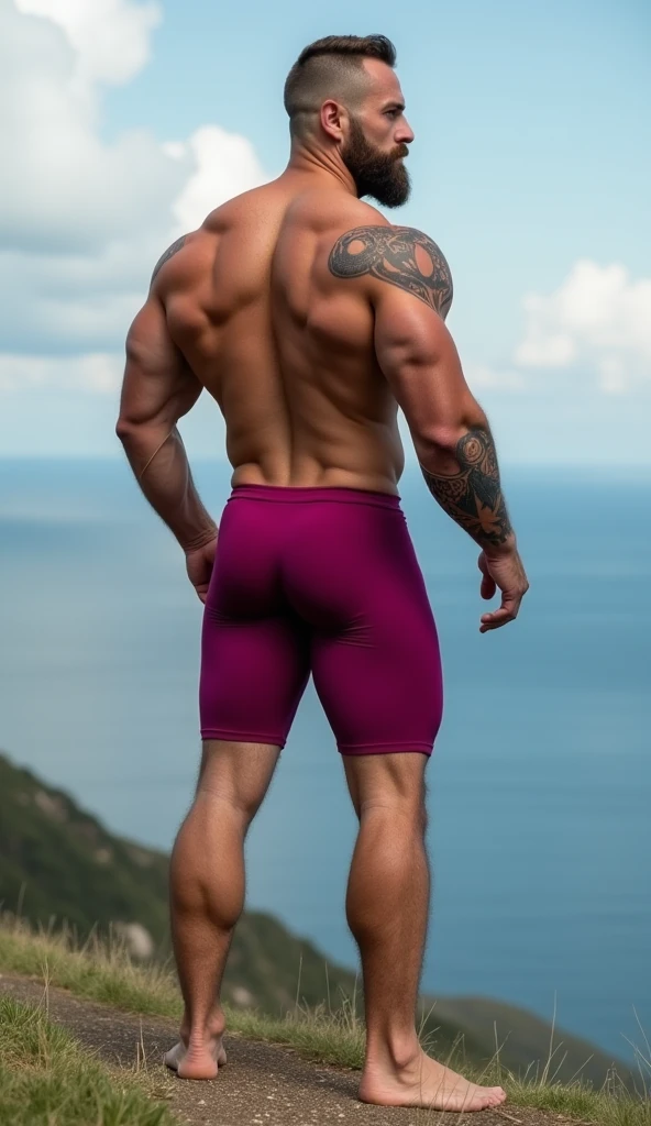 (Cute beautiful fragile boy Adalgusto), thin arms, flat chest, chubby sexy legs, exposed sexy femboy tummy, pink trunks, little dick bulge, high socks, mountains background, wavy hair, side view, shaved body