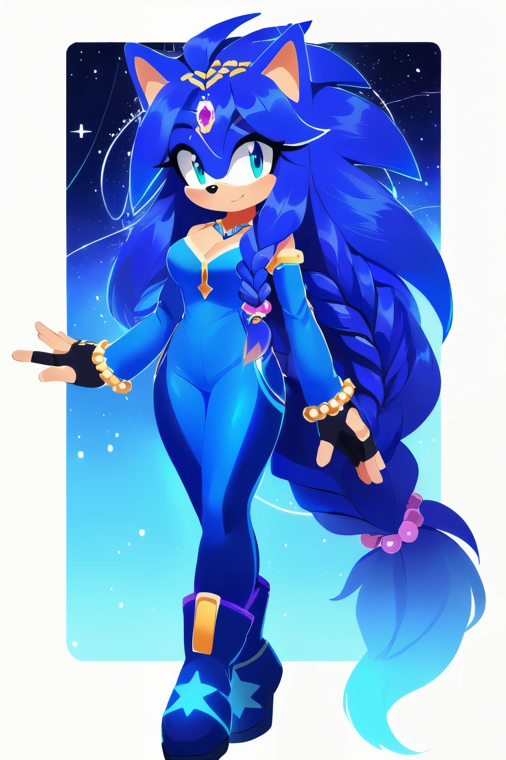 Sonic oc, Mobian, female, sonic the hedgehog but female, Cosmic hedgehog, A beautiful light blue hedgehog, purplish blue eyes, very long hair/quills, braided and beaded long hair bangs, long streaks of hair on each side of her face, (star constellation on hair, beads on hair, smooth fur, slim thick hourglass body, slim fit, wearing a blue jumpsuit, boots, fingerless gloves, beaded hair and rings on hair  flowing hair,  