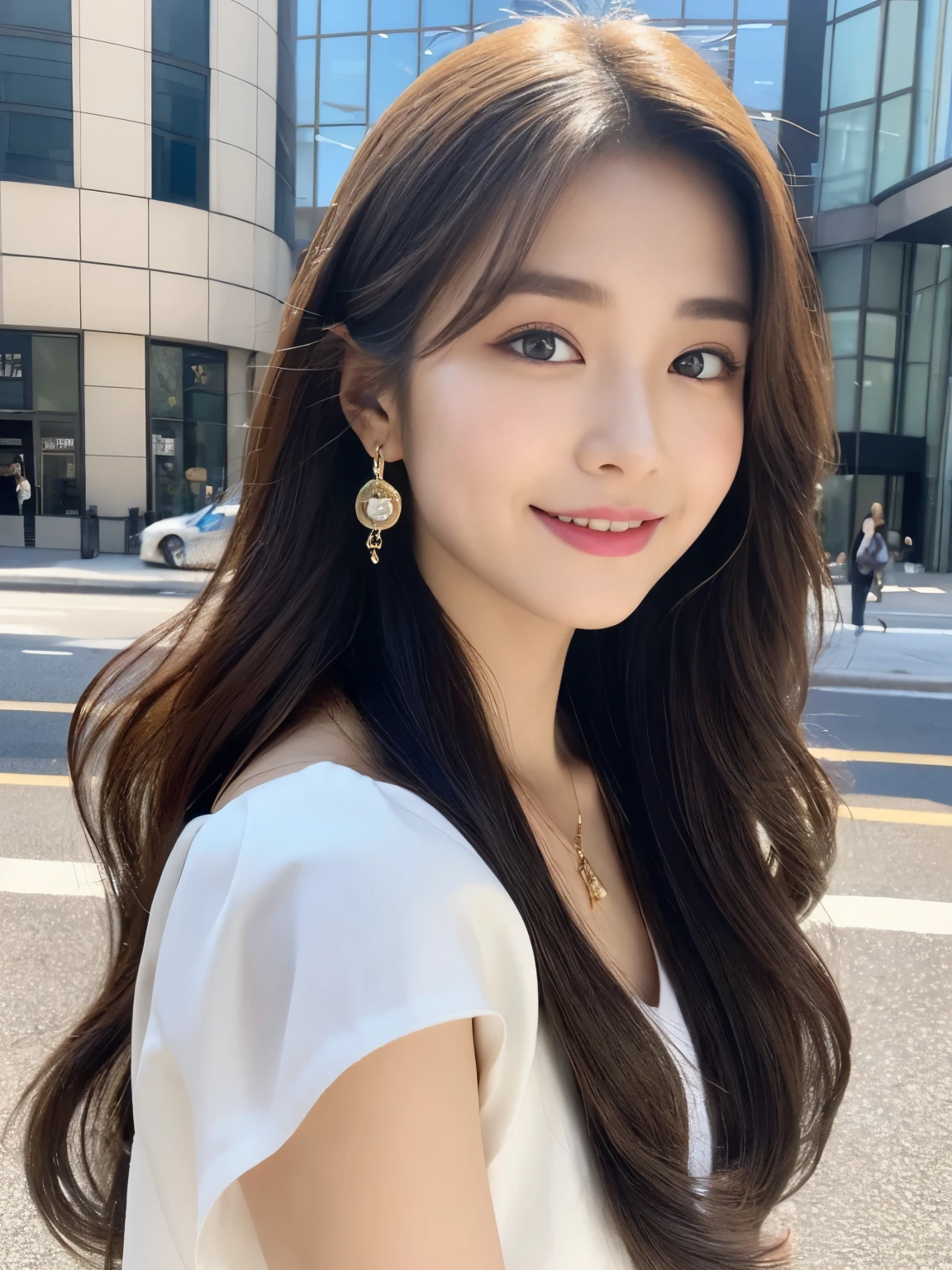 ((best quality, 8k, masterpiece:1.3)), Key Points:1.2, Perfect body beauty:1.4, Hips:1.2, ((Fine hair)), (a:1.1) , (Sports Car, street: 1.2), Highly detailed face and skin texture, Delicate eyes, Double eyelids, Skin Whitening, Large Breasts, Smile, Wear a necklace, ring, 坐在车里Hips翘起的人,