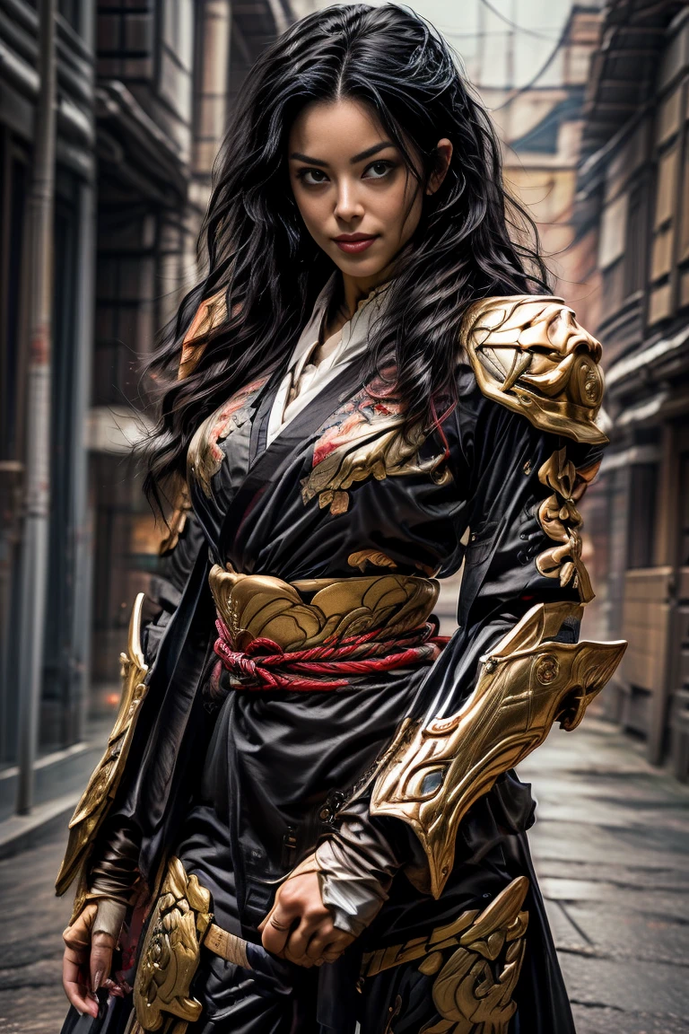  a sexy mature female character wearing armor as a Assassin from the sengoku period 、((mature Assassin female with a sharp Japanese sword:1.3, Fight:1.2)), beautiful and aesthetic, cute and sexy beauty, perfect style:1.2,((ties up long black hair hair:1.5))、((onyx black hair))、((toned body))、(glistening skin)、((beautiful breasts 1.3))、 plump breasts 、 plump thighs 、( A sexy female character wearing a black and red kimono armor )、(embarrassing smile, The expression on your face when you feel intense caress, Facial expression when feeling pleasure), (Wearing a  ninja armor:1.1, ),  Super high resolution and realistic touch 、 ((dynamic fighting pose))、((dynamic pose))、 Strong yet elegant atmosphere ,A dynamic pose is depicted in detail、、Take a pose in midnight time the streets of the Sengoku period,