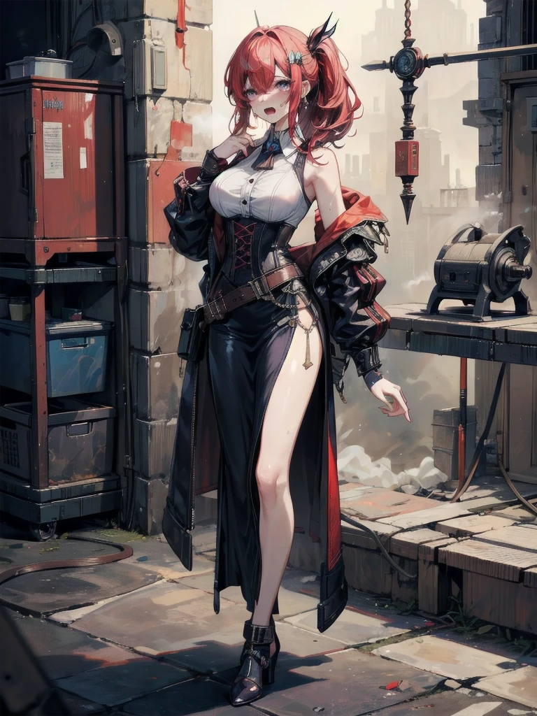 (Best Quality, 8k, Masterpiece: 1.3), (fullbody:1.3), young steampunk woman in red hair and goggles, in the style of gothic chic, dark white and dark pink, dark gold and light crimson, dark crimson and light black, witchcore, dark silver and dark pink, mallgoth, steampunk purple corset, steampunk top hat, victorian age dress, neon, mist, ((cartoon: 0.5)), tight, small, neon signs, dynamic pose, big chest, big neckline, bare arms, slim body, ((slim hips:1.5)), ((fitness abs:0.3)),(butt size:0.9), slim, high heels, crouched, sexy pose