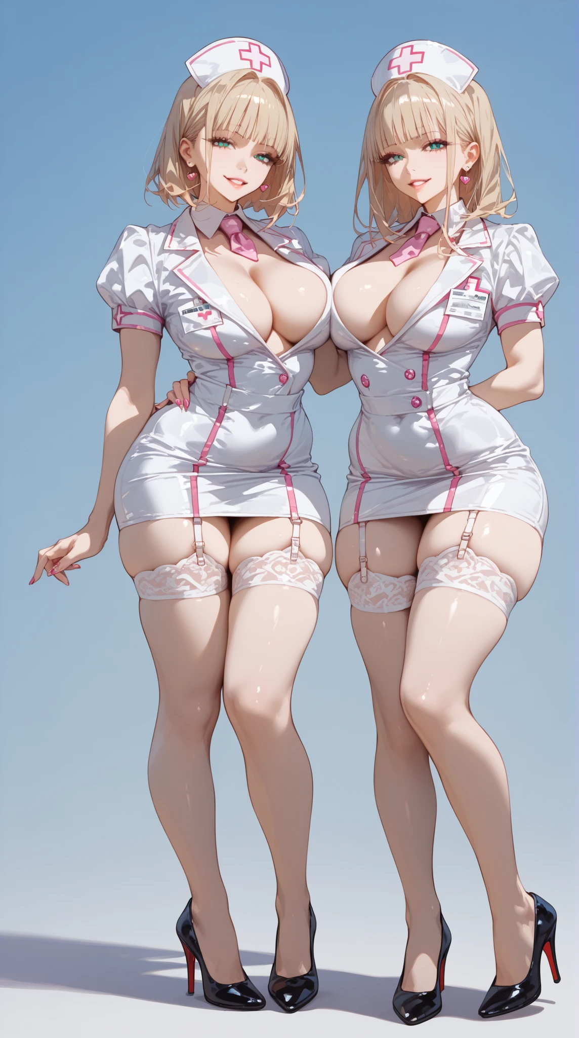 ((full_body))、Cute Woman、red_background、big_breasts、Detailed_skin、Detailed_Eye、Detailed_hair、(nurse_custom)、POP、vivid、smile、sexy_pose、服が破けている、tongue