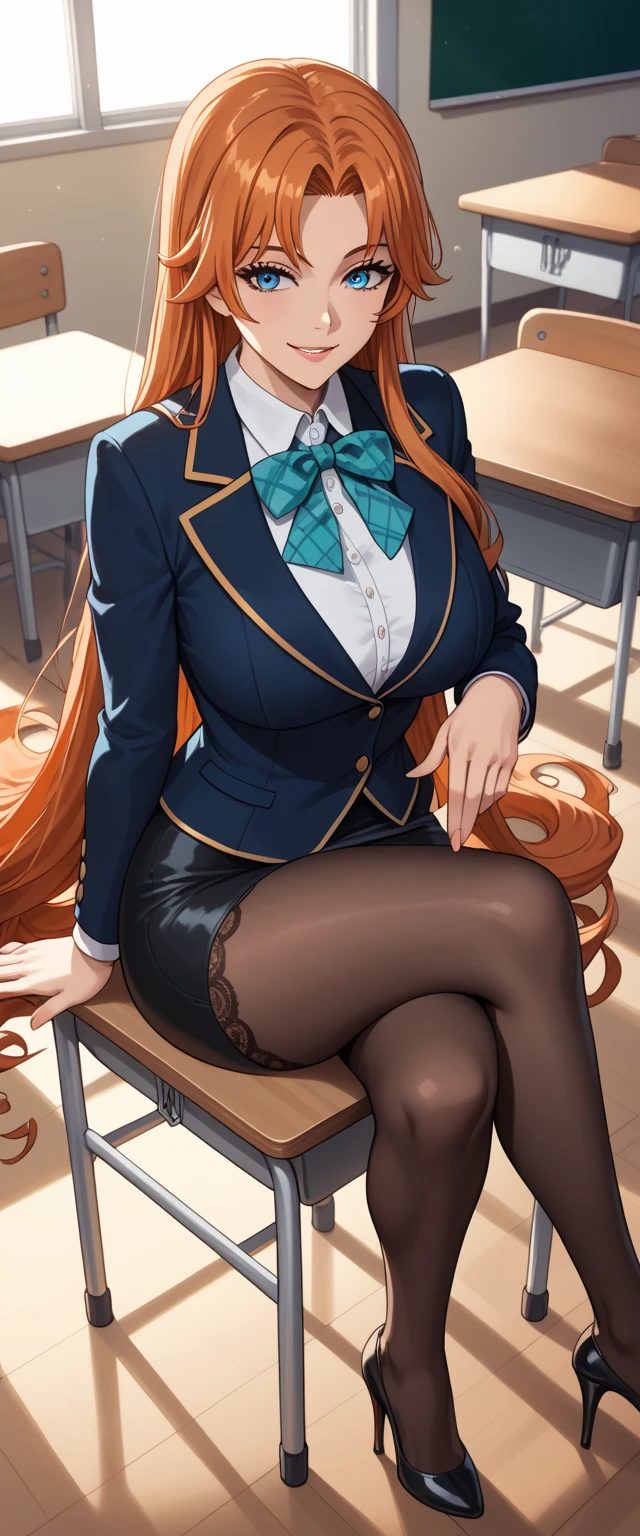 ((masterpiece)), ((Highest quality)), ((Very detailed)), One girl, Long Hair, classroom, Feet Focus, Sit on a chair, Big Breasts, plump, blazer, skirt, pantyhose, panties under pantyhose, Wicked Smile, Looking at the audience, From below, (Turn the soles of your feet to the viewer:1.3), Steaming body, Sweat, (Sweaty feet:1.2), Lift your legs