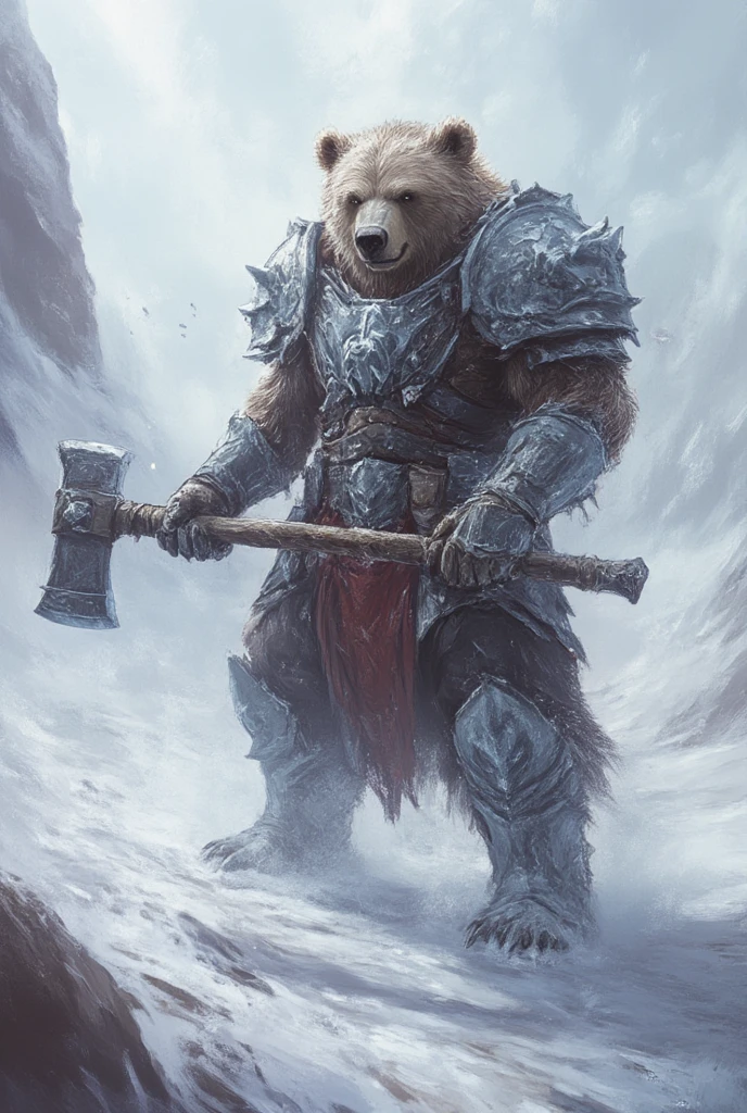 A powerful bear warrior in thick, icy armor, holding a hammer, surrounded by snowy landscapes.