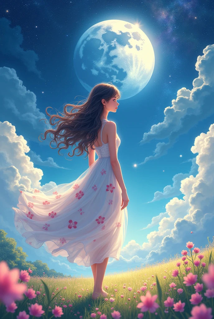  Attractive girl in a white floral dress,  moonlight brightly illuminates her appearance, Long flowing curly hair , Twinkling Star々and a stunning universe、Swirling Galaxy, The sea of clouds glows brightly in rainbow colors and perfectly frames the stunning cosmic background with 、Flowers in the prairie 、 anime art style 、 high image quality、masterpiece、