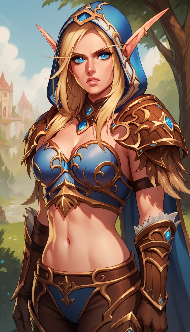 BREAK 1girl, sylwingeneral, long hair, blue eyes, blonde hair, pointy ears, elf, brown eagle shaped shoulder armor, breastplate, hood, gloves, armor, midriff, cape, pants, looking at viewer, angry