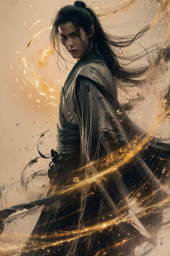 A towering, majestic humanoid figure representing the Dragon Monarch Long Bai from "Against the Gods". He stands at 8 feet tall with long, flowing silver hair cascading elegantly down his back. His sharp eyebrows accentuate a commanding, regal expression. His eyes glow intensely, resembling miniature suns, emanating ancient wisdom and an aura of divine power. His pale, flawless skin gives him an ethereal, otherworldly appearance. He wears opulent white robes made of silky, flowing fabric adorned with intricate dragon motifs in silver and gold. Around him, shimmering particles of light and energy swirl gently, adding a mystical aura. Behind him, a colossal dragon silhouette with pure white, iridescent scales and massive wings dominates the background, blending seamlessly with an ethereal, glowing sky filled with soft clouds and radiant light. The atmosphere is celestial and grandiose, evoking awe and reverence. The lighting is cinematic, with high detail in textures and highlights that enhance the realism and majesty.