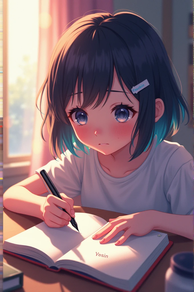 the masterpiece, Best quality at its best,((Background with:Inside the room),1 Girl,short black hair,White T-shirt blue jeans,lying on the ground,holding a pencil, write on a piece of paper,Realism style,