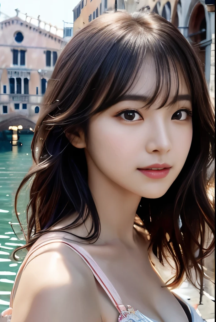 ((masterpiece: 1.4, best quality))+,(ultra detail)+, official art, unity 8k wallpaper, ultra detail, beautiful, high quality, (Emphasize your cute face:1.37), masterpiece, best quality, half wavy medium length hair, (brown eyes, brown hair), bust, looking straight ahead, laugh, Sexy swimsuit model with lots of frills
