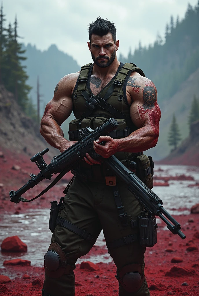 Make a handsome black-haired man ,  who has scars but is handsome ,  blue eyes, muscular,  who has a machine gun stained red that behind him is a river stained with blood 