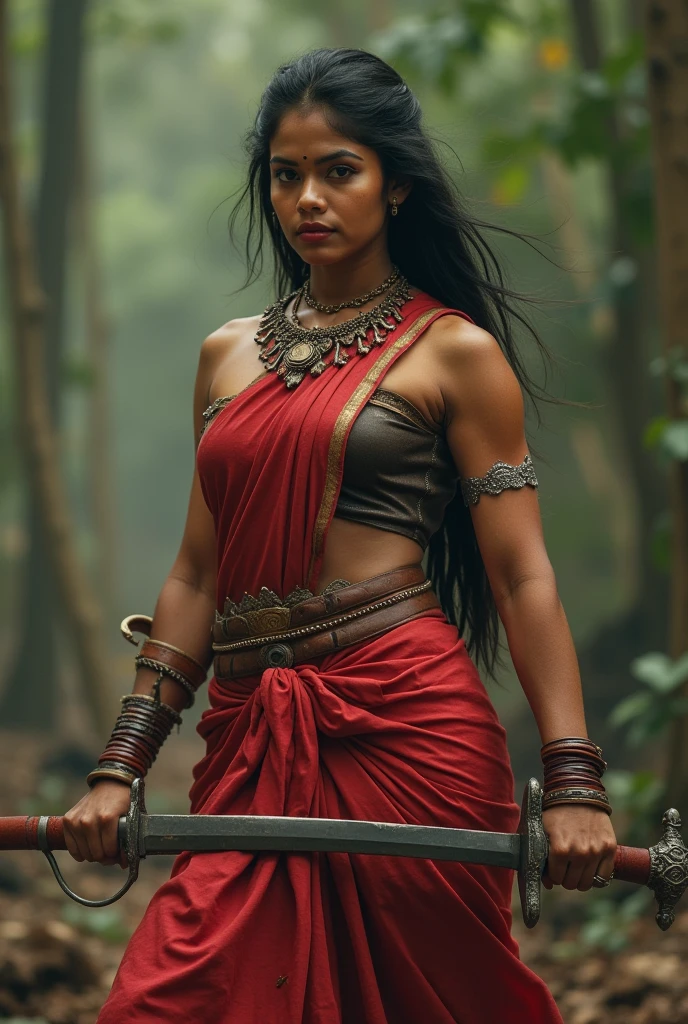 Kalaripayattu woman with sword on one hand above head and shield in the other hand, raising from the ground, lean fit body with muscles, thick long hair, fierce eyes facing the camera, with red garment