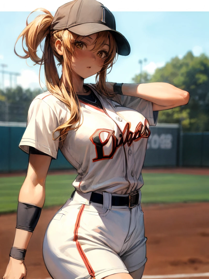 (masterpiece, highest quality:1.2)、a beautiful lady baseball player holding a baseball glove and ball,  muscular body, Yomiuri Giants baseball uniform, white shorts, ((baseball field background)),  Big breasts, , (nsfw)