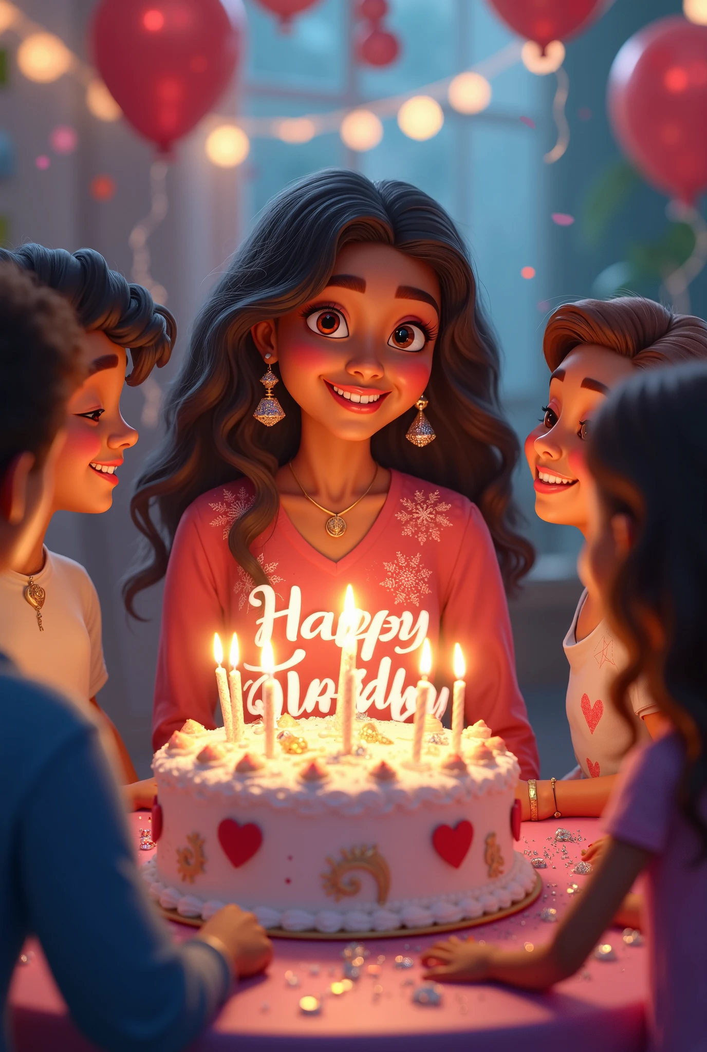 A Mongolian beautiful woman she's celebrating birthday party and happy birthday apekshya write on the cake.