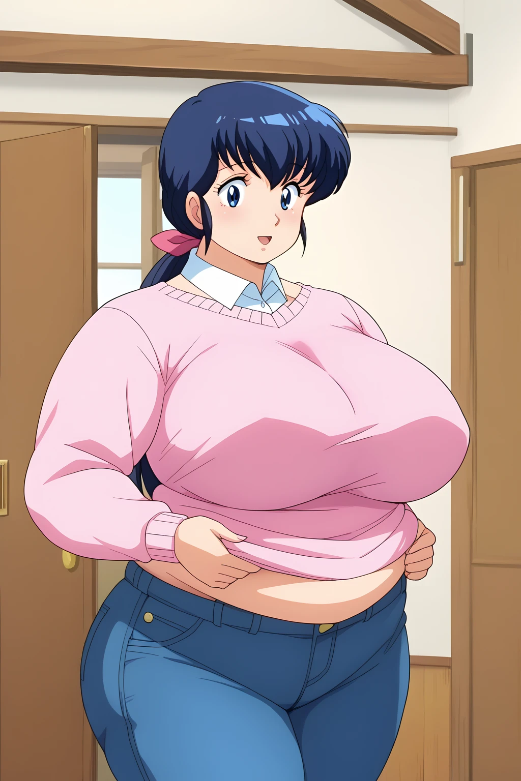 Otonashi Kyoko, Kyoko Otonashi　Maison Ikkoku,  long hair, 紺色の髪,low ponytail, pink barrette ribbon, Dark blue eyes, pink sweater , Blue jeans,  shirt with white collar , (Japanese-style room),milf,  score_9, score_8_ up、 score_7_ up、 score_6_ up、 score_5_ up、 score_4_ up、 Masterpiece 、 top quality 、 very aesthetic、 absurd, source ,  anime screencap, one woman、Alone、 personal , (Super huge breasts, Super huge、Super huge, Super huge boob), Curvy、 chubby,  obese 、