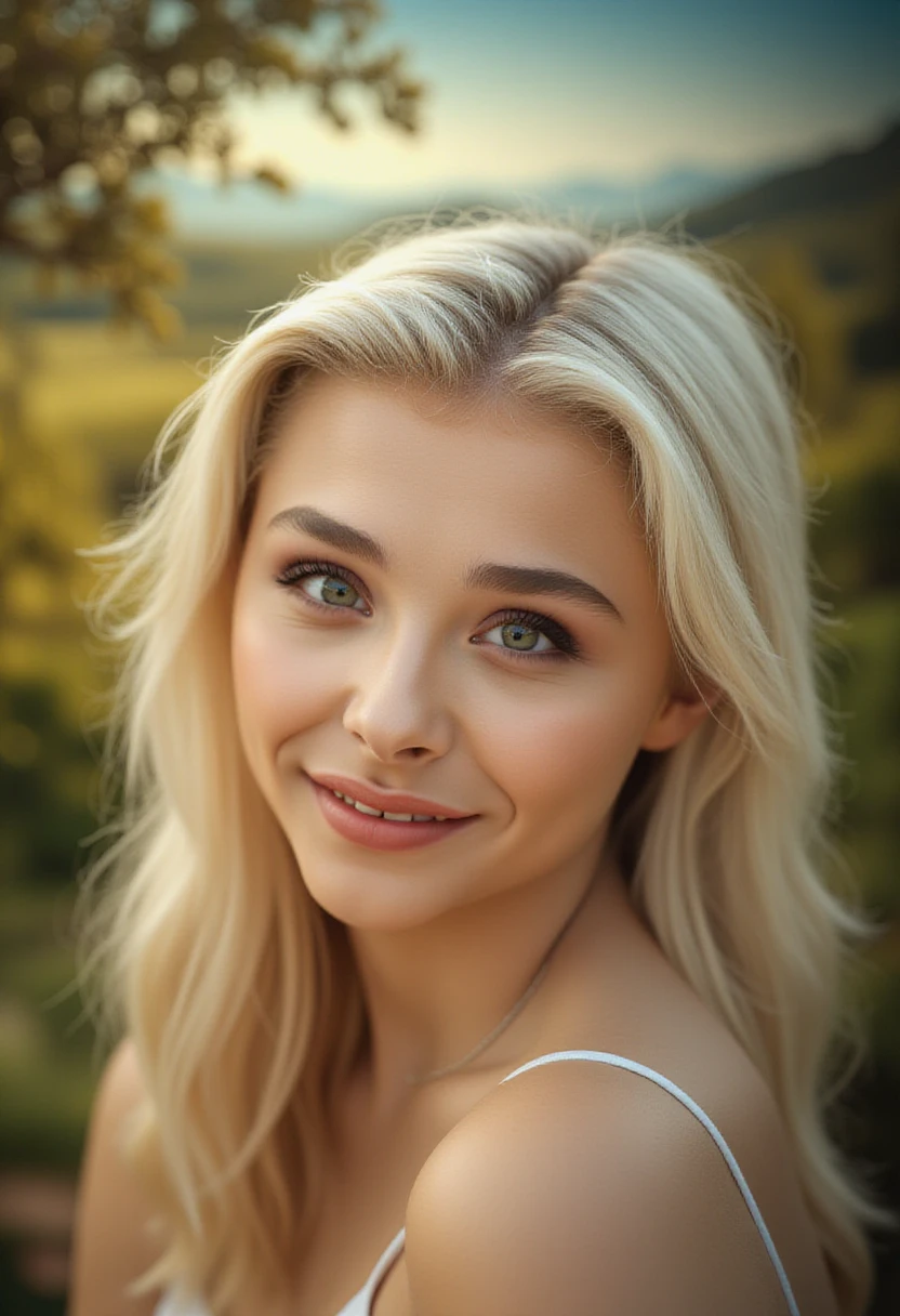 4k, photorealistic, charismatic, highly detailed, 1girl, left eye green right eye red, white hair, beauty mark under right side of mouth, natural lighting, warm color palette, elegant, serene expression, detailed facial features, flowing dress, flowing hair, detailed background, lush garden, stunning scenery, dramatic lighting, cinematic composition, masterpiece