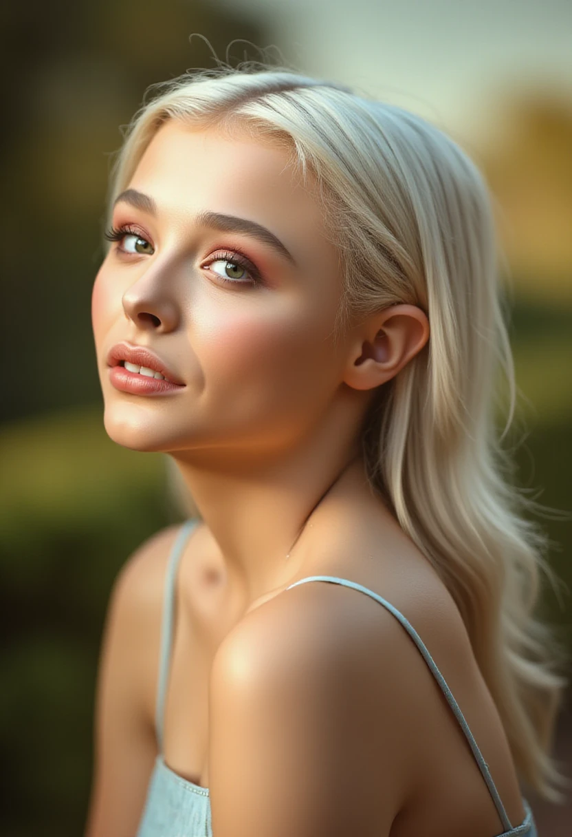 4k, photorealistic, charismatic, highly detailed, 1girl, left eye green right eye red, white hair, beauty mark under right side of mouth, natural lighting, warm color palette, elegant, serene expression, detailed facial features, flowing dress, flowing hair, detailed background, lush garden, stunning scenery, dramatic lighting, cinematic composition, masterpiece