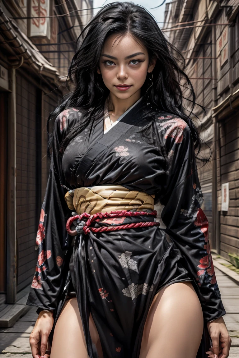  a sexy mature female character wearing armor as a Assassin from the sengoku period 、((mature Assassin female with a sharp Japanese sword:1.3, Fight:1.2)), beautiful and aesthetic, cute and sexy beauty, perfect style:1.2,((ties up long black hair hair:1.5))、((onyx black hair))、((toned body))、(glistening skin)、((beautiful breasts 1.3))、 plump breasts 、 plump thighs 、( A sexy female character wearing a black and red kimono  )、(embarrassing smile, The expression on your face when you feel intense caress, Facial expression when feeling pleasure), (Wearing a  samurai armor:1.1, ),  Super high resolution and realistic touch 、 ((dynamic fighting pose))、((dynamic pose))、 Strong yet elegant atmosphere ,A dynamic pose is depicted in detail、、Take a pose in midnight time the streets of the Sengoku period,