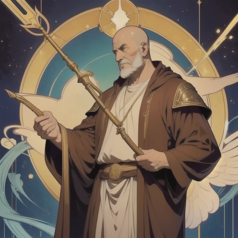 The protagonist , , is in the center . He wears a white ceremonial robe with gold embroidery , that shines lightly as if imbued with magic . His gaze is serious and decisive , with a halo of faint light emanating from behind his head , suggesting divinity or spiritual power . He holds a staff ornamented with a bright blue gem on the tip .
Background ( on the sides ):
to the left , the elder monk , a middle-aged man in a long brown robe and a rosary hanging from your hands together in a prayerful attitude. His face shows wisdom , but also a touch of concern .
to the right, The hunter, A young, muscular man , with a layer of skin over his leather armor . Holds a bow and arrows , with an expression . anime style