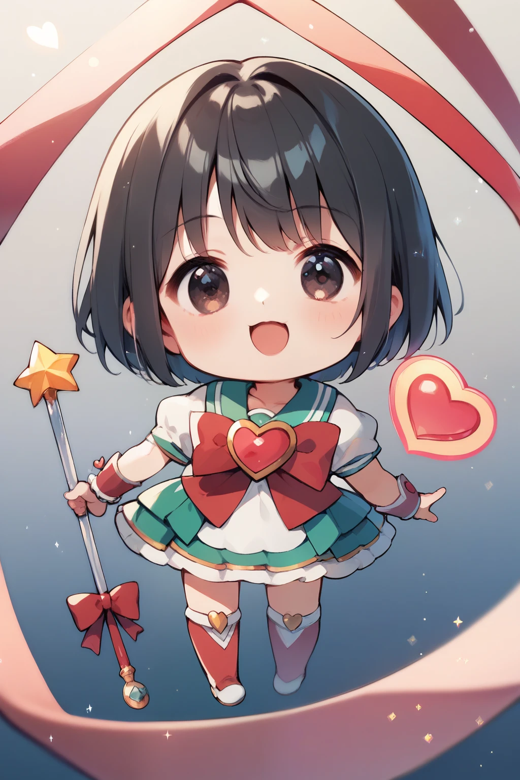 score_9,  score_8_ up,  score_7_ up,  score_6,  score_5_ up,  score_4_ upanime break，  very young girl  ， cute, Chibi，Tiny, A magic wand holding a magic wand，  Magical Girl ， Magic Rim ，  bob cut ,   red ribbon   ,   giant heart particles ，Dark Eyes，