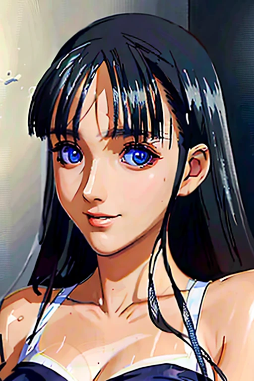 RAW photo, ((full body photo)) beautiful young woman with long sleek black hair with bangs, blue eyes, girl 18, beautiful face, wearing a split red dress, smiling face, mouth closed, hard shadows, cinematic shots, dramatic lighting.(Ultra Realistic), (Illustration), (8K), (Highly Detailed), (Best Illustration), (Best Quality), (Ultra Detailed) , (Masterpiece ), (wallpaper), solo, 1 female, mature, age 20, (mizushima_asa) , Long Straight Hair, Blue Eyes, Big Breasts, classroom, masterpiece, best quality, blue eyes, Big Breasts.