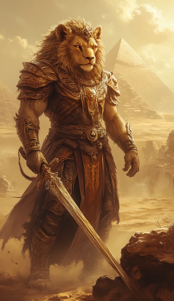 A regal lion wearing golden pharaoh armor with a sun symbol on its chest, standing near ancient pyramids.