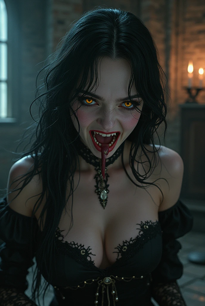 beautiful detailed red eyes, long dark eyelashes, pointed fangs, flowing black hair, elegant posture, pale skin, red lips, traditional Arabic dress, mysterious aura, ((moonlit night:1.3)), shadows, delicate jewelry, ancient ruins, intense gaze, hypnotic smile, vampire powers, supernatural strength, centuries-old wisdom, captivating beauty, hauntingly enchanting, alluring darkness, (blood-red moonlight:1.1), eternal youth, seductive charm, hidden secrets. (best quality, ultra-detailed, photorealistic:1.37), gothic, fantasy, dark color palette, dramatic lighting. (NSFW:1.4) beautiful small breasts, (Emma watson:0.3),(Jennifer connelly:0.24), (beautiful nipples:1.5),(She has white skin with visible blue veins:1.4),(Small breasts with beautifully raised areolas:1.5),(flat chest:1.2) (beautiful teenage nipples:1.5)　　