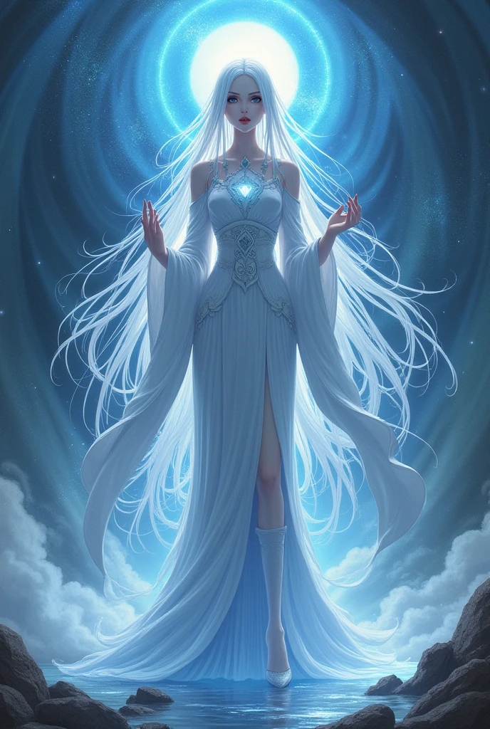 The highest quality, realism, ultra-mega-masterpiece, fantasy, powerful sorceress in a white robe, blue dress, white fur, closed body, frost, ice, rays of light, mystery, magic.