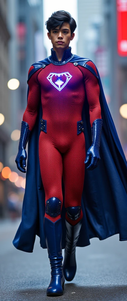 Full body photorealistic handsome hunky young slender futuristic young monel with black undercut long hair wearing a red micro scale textured costume blue detailed on the costume and blue gloves and boots, blue leather cape and wristbands that  manipulate brain energy , his body is covered with bursting energy,, black eyes. future city as the background 