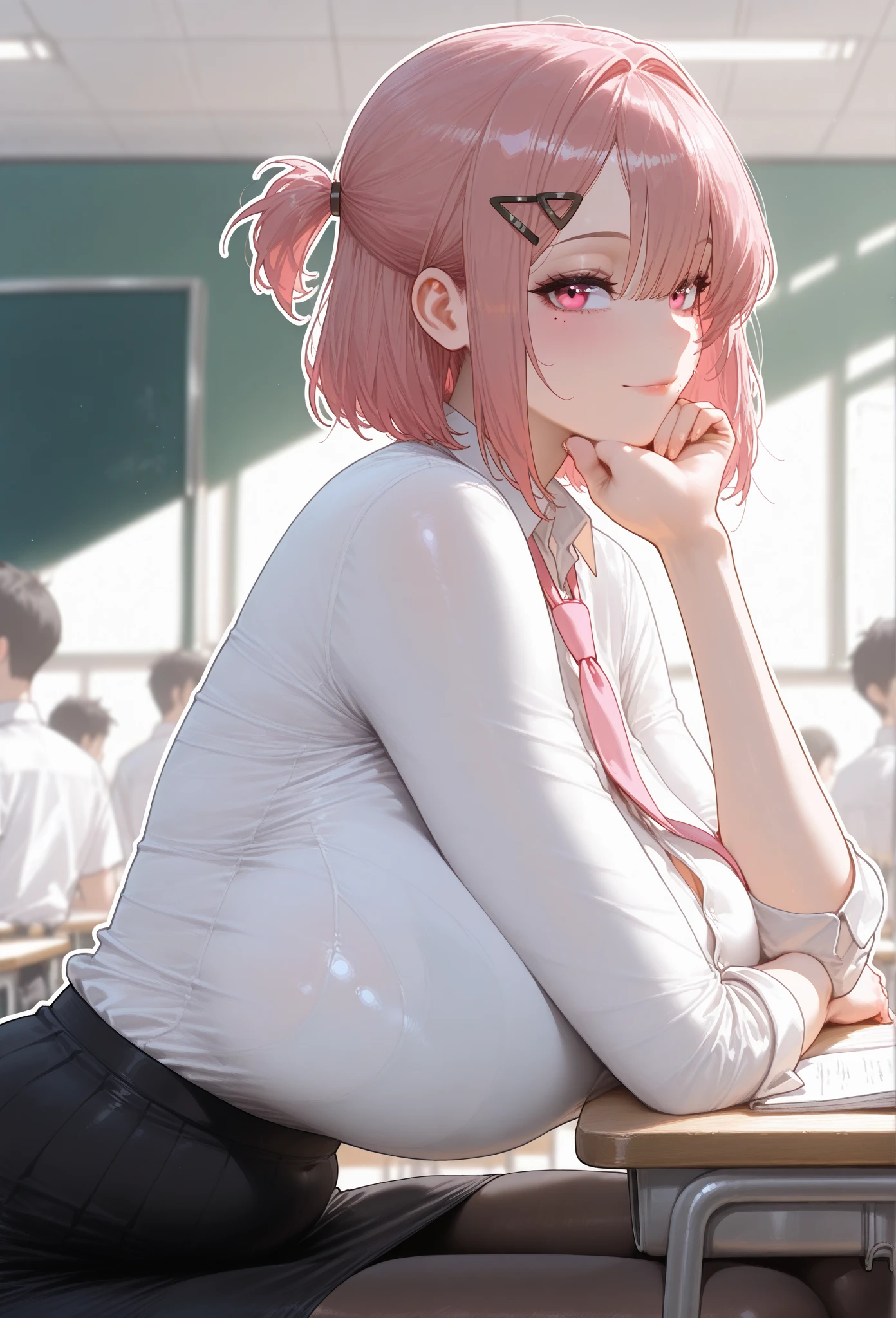 (masterpiece, high resolution, 2k resolution, best quality), (1girl, perfect anatomy, perfect face),
((pink hair), short hair, triangle hair clip), (pink eyes, perfect eyes),
white button shirt, pink tie, Tube skirt, Knee length pantyhose), Narrow shoulders,
((sitting, looking foward, side view, Arms on the table, one hand under the chin, propped up, classroom, people on the background),
(flushed, light smile, mole under eye),
(solo, 1girl), huge body, massive chest, mature woman, (white outline, 6px outline width),
(Hands joined on front), (Half Ponytail, loose hair)