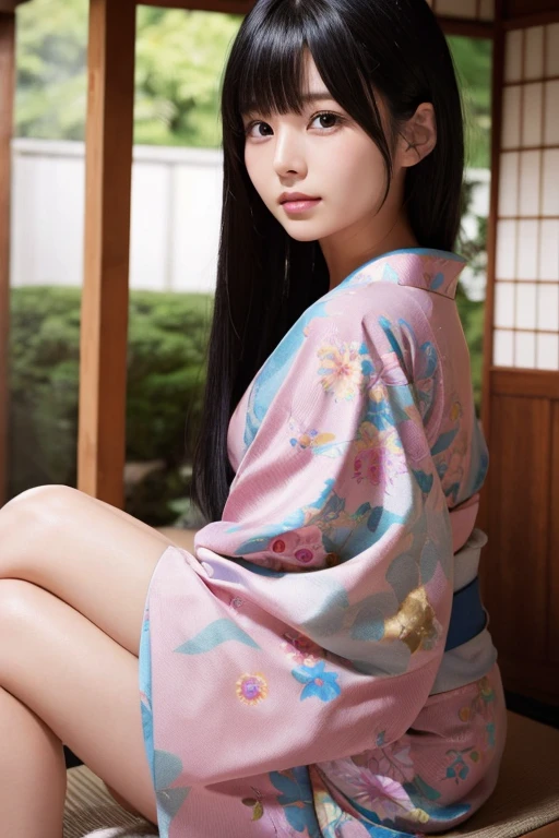 最high quality、high quality、best image quality、8K、最High resolution、High resolution、最high quality、masterpiece、Realistic human body with detailed details、Realistic skin in every detail、Realistic face in every detail、Realistic eyes in every detail、Realistic lips in every detail、Realistic teeth in every detail、Realistic ears with attention to detail、Realistic hair with detailed details、Realistic arms with attention to detail、Realistic hands with attention to detail、Realistic fingers with attention to detail、(fine hands、thumb1reference4)、Realistic legs with attention to detail、Realistic feet with attention to detail、((beautiful japanese girl))、(japanese model), (japanese woman)、((18 year old beautiful girl))、(black hair)、(straight hair)、((whole body))、((Beautiful breasts directed upwards、Medium chest))、(slim style、slender style)、(whole body光沢肌、Fair skin)、Detailed and realistic human body、detailed realistic skin、detailed realistic face、detailed realistic arms、Detailed realistic fingers、Detailed realistic feet、soft natural light、samurai kimono、maiko kimono、servant、geisha kimono、japanese kimono、Furisode、kimono、Yukata、japanese traditional、Samurai Residence、Japanese garden、((colorful transparent vinyl(flowery kimono、Hakama with side slits))、((sit on the stump with your knees bent(Pose that makes your thighs look beautiful))
