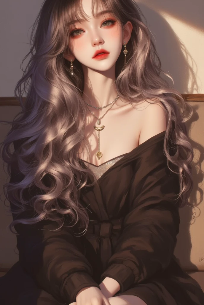 A beautiful young  woman with long silver purplish hair, pale skin, freckless and violet eyes. Has mole under her left eye. Wearing a black dress and moon necklace. Posing, sitting on the couch in an apartment with warm lighting. High quality, semi realism digital art style, avoid blank stares and add some expression on the character's face.