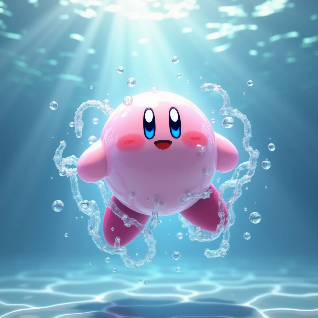 (An exceptional piece of artwork with the highest picture quality), featuring Kirby with his trademark blue eyes, a big smile, and an open mouth, floating in a cup filled with a bright green liquid.