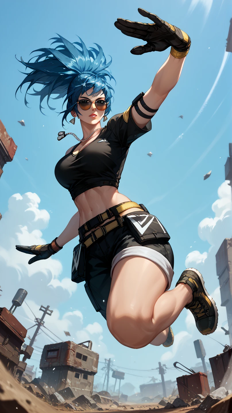 Sexy leona heidern,  Dark blue hair , triangle earrings, dog tags,  on a wasteland, pose sexy,  with sunglasses,  black sleeveless t-shirt with yellow details fitted, jumping and attacking , View from below, 