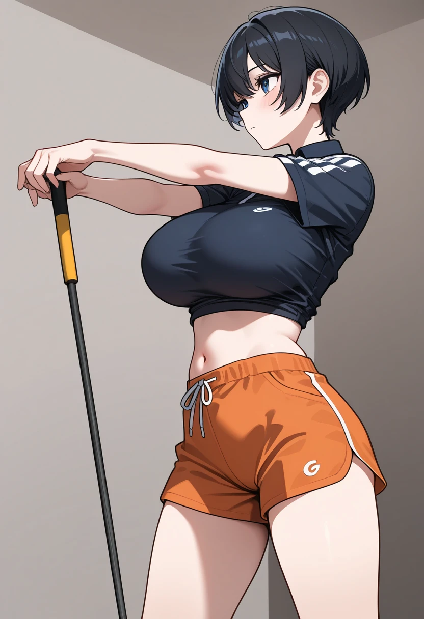 masterpiece, top quality  , safe,  1 girl　cool and handsome boyish 20 year old, , big breasts　 short hair　 slender figure 　nsfw　 is leggy　 thin waist　 golf wear 
