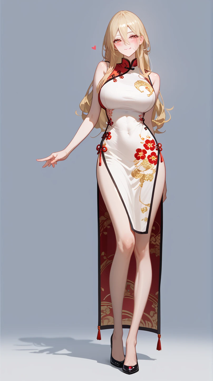 1 Girl,  unique ,  HD, Accurate,  long hair, blond,  hair between eyes,  Big Breasts ,  blush,  has a seductive smile, heart in eye,  Wearing cheongsam， Full Body Photo ， long legs，Black Silk：1.5， format