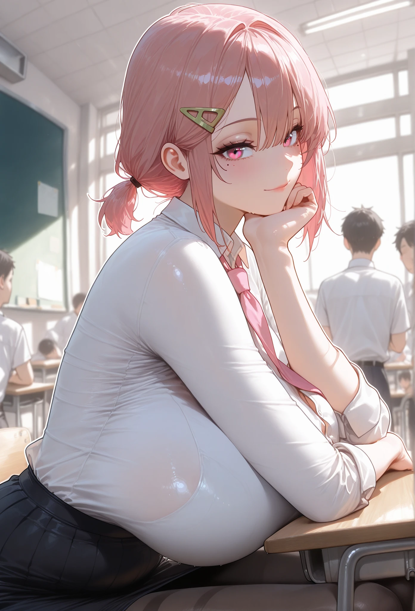 (masterpiece, high resolution, 2k resolution, best quality), (1girl, perfect anatomy, perfect face),
((pink hair), short hair, triangle hair clip), (pink eyes, perfect eyes),
white button shirt, pink tie, Tube skirt, Knee length pantyhose), Narrow shoulders,
((sitting, looking foward, side view, Arms on the table, one hand under the chin, propped up, classroom, people on the background),
(flushed, light smile, mole under eye),
(solo, 1girl), huge body, massive chest, mature woman, (white outline, 6px outline width),
(Hands joined on front), (Half Ponytail, loose hair, low ponytail)