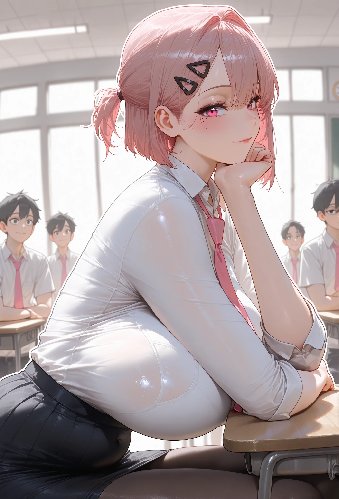 (masterpiece, high resolution, 2k resolution, best quality), (1girl, perfect anatomy, perfect face),
((pink hair), short hair, triangle hair clip), (pink eyes, perfect eyes),
white button shirt, pink tie, Tube skirt, Knee length pantyhose), Narrow shoulders,
((sitting, looking foward, side view, Arms on the table, one hand under the chin, propped up, classroom, people on the background),
(flushed, light smile, mole under eye),
(solo, 1girl), huge body, massive chest, mature woman, (white outline, 6px outline width),
(Hands joined on front), (Half Ponytail, loose hair, low ponytail)