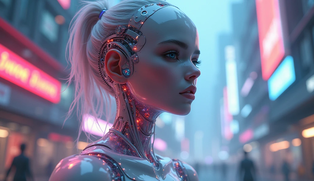 A translucent, ethereal mechanical girl, futuristic girl, mechanical joints, mecha-girl, futuristic urban background, 1girl, beautiful detailed eyes, beautiful detailed lips, extremely detailed face and features, long eyelashes, porcelain skin, glowing cybernetic implants, intricate machinery, neon-lit cityscape, volumetric lighting, cinematic composition, dramatic lighting, hyper-detailed, intricate, photorealistic, 8k, highly detailed, digital art, concept art, mech, cyberpunk, science fiction