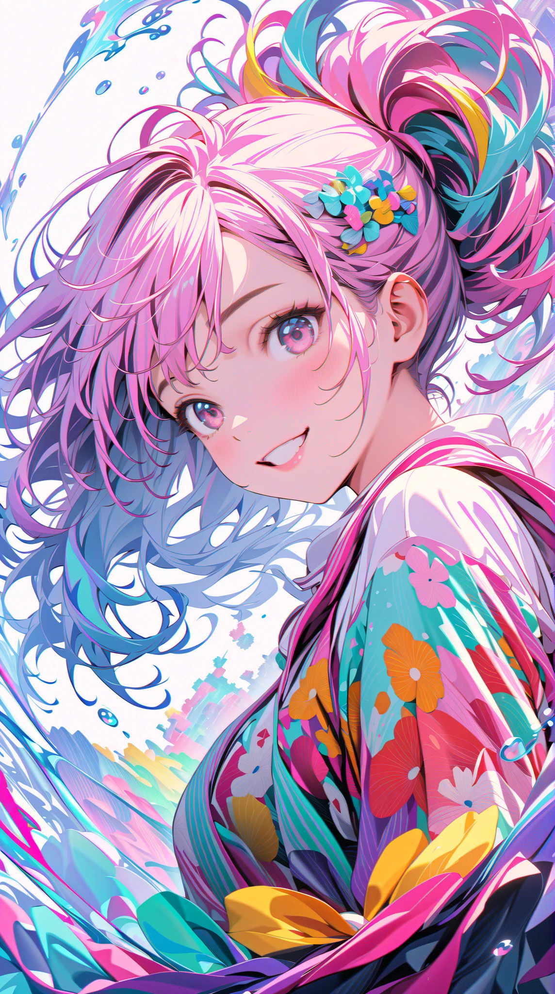 (masterpiece, Highest quality, Official Art:1.2), (colorful), Perfect Anatomy, Looking at the audience,One Girl, alone, White Background, floating colorful water, Ultra-fine illustrations, Highly Details, Dynamic Angle, Beautiful detailed, 8K, 壊す smiling amidst the colorful scenes, (High resolution), Anime Style, (Fractal Art:1.1), pastel colour