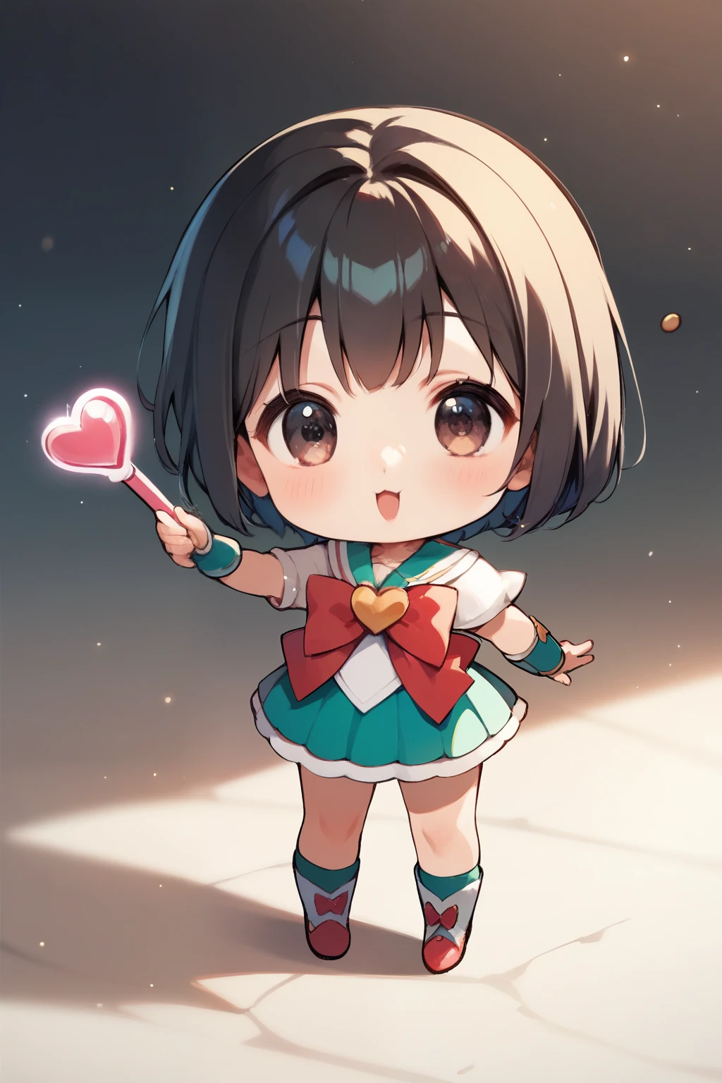 score_9,  score_8_ up,  score_7_ up,  score_6,  score_5_ up,  score_4_ upanime break，  very young girl  ， cute, Chibi，Tiny, A magic wand holding a magic wand，  Magical Girl ， Magic Rim ，  bob cut ,   red ribbon   ,   giant heart particles ，Dark Eyes，