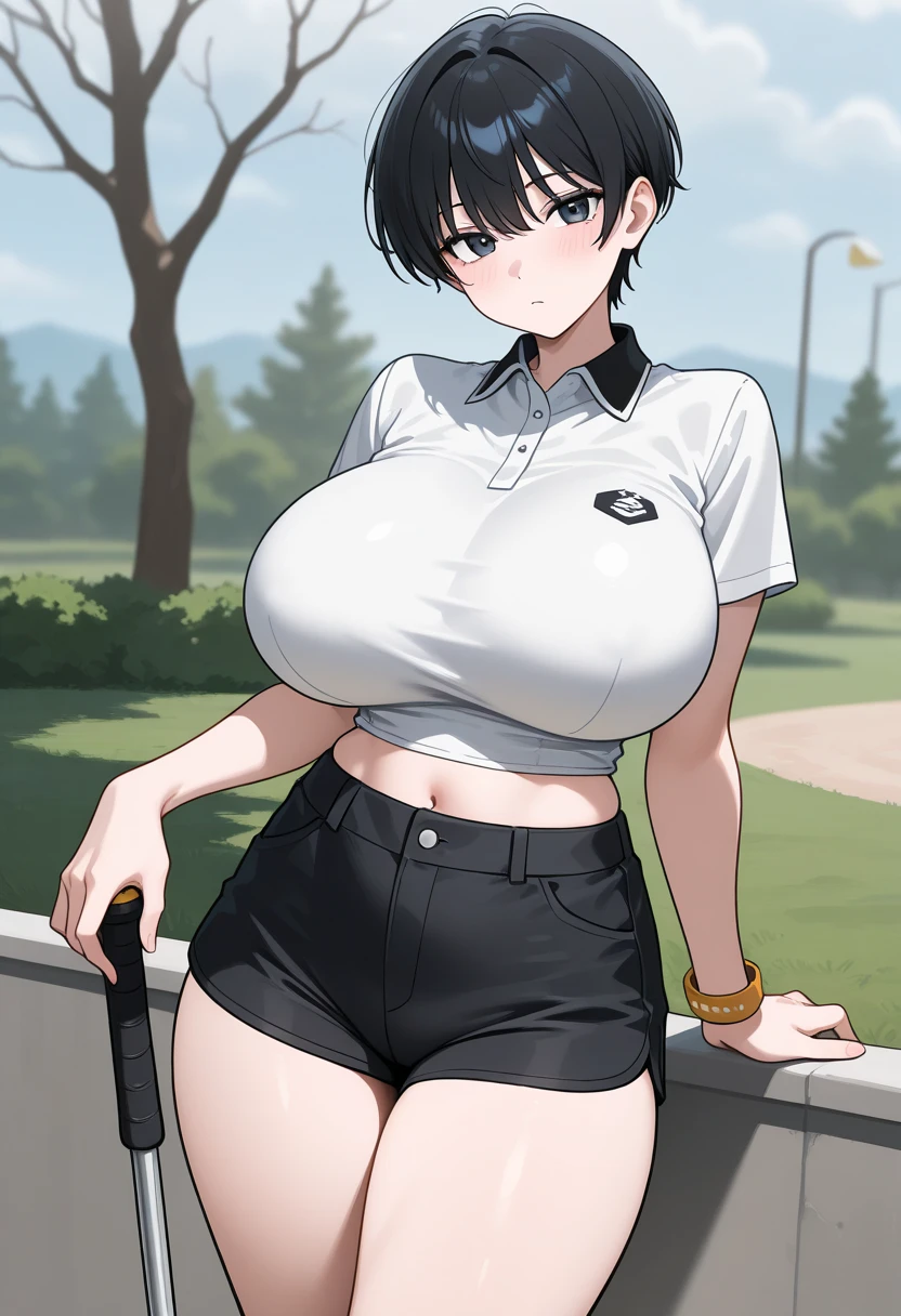 masterpiece, top quality  , safe,  1 girl　cool and handsome boyish 20 year old, , big breasts　 short hair　 slender figure 　nsfw　 is leggy　 thin waist　 golf wear 　Outdoor
