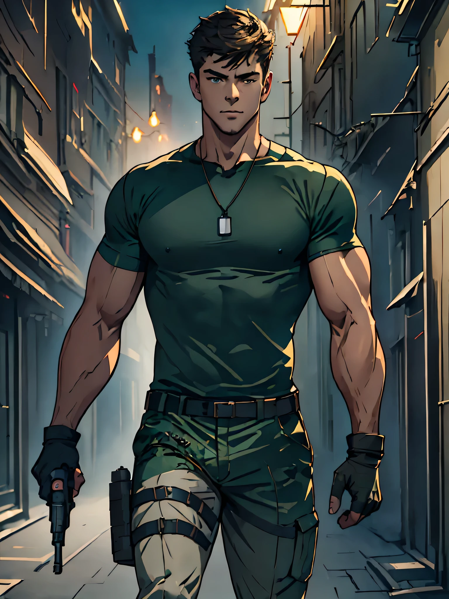 realistic, masterpiece, best quality, cinematic lighting, soft shadow, insane detail, detailed background, professional photography, depth of field, intricate, detailed face, subsurface scattering, realistic hair, realistic eyes, muscular, masculine, photo of a handsome man, indoors, destroyed city, post apocalyptic, camouflage pants, (20 year old), dynamic pose, holding gun, sniper, fingerless gloves,Long legs, manly, (green t-shirt), dog tag,scar on the face,